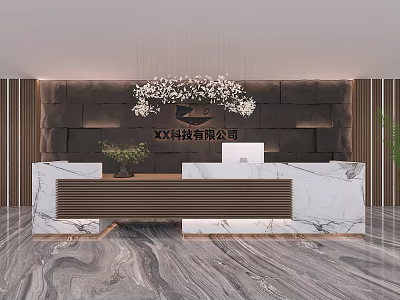 Front Desk Reception In XQ Technology Office With Marble Desk Feature Wall And Floral Decor 3d model