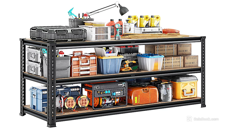 Multi Tier Industrial Storage Shelf Organized With Toolboxes Storage Bins Tools And Boxes 3d model 
