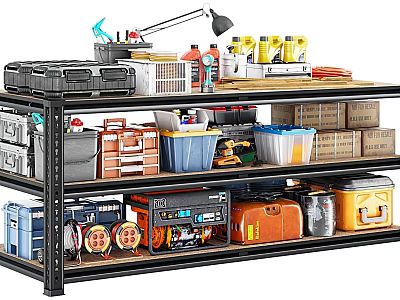 Multi Tier Industrial Storage Shelf Organized With Toolboxes Storage Bins Tools And Boxes 3d model