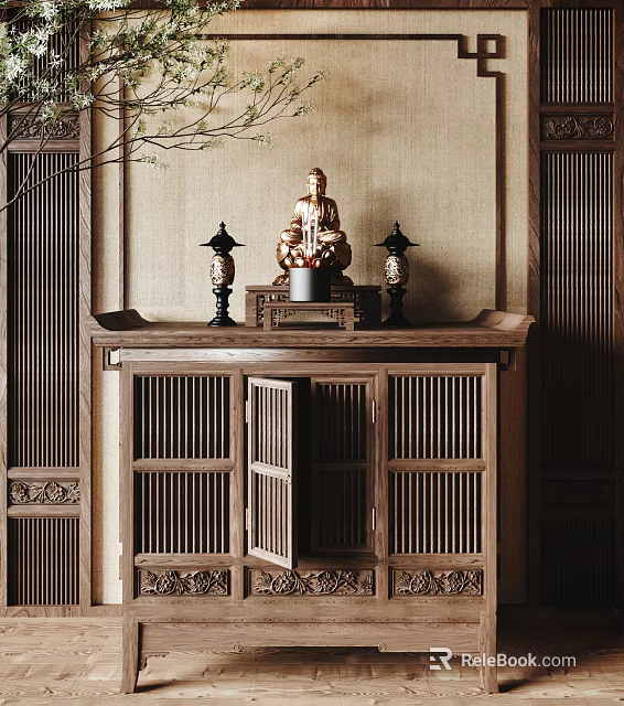 Traditional Chinese Buddha Shrine Cabinet With Buddha Statue And Lanterns 3d model 