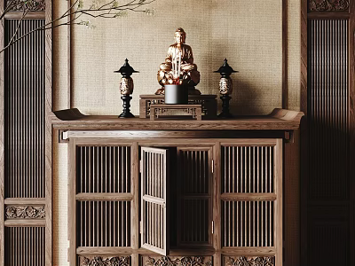 Traditional Chinese Buddha Shrine Cabinet With Buddha Statue And Lanterns 3d model