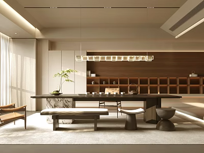 Modern Minimalist Tea Room Interior With Long Table Bench Stools Wooden Bookshelf And Pendant Light 3d model
