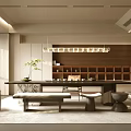 Modern Minimalist Tea Room Interior With Long Table Bench Stools Wooden Bookshelf And Pendant Light