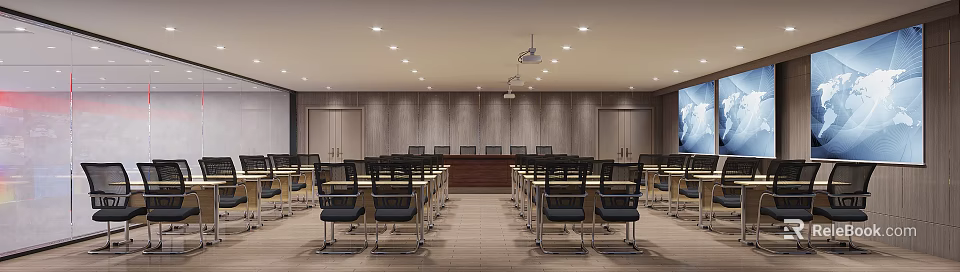 Modern Meeting Room Interior Design With Arranged Tables Chairs Projector And Wooden Walls 3d model 