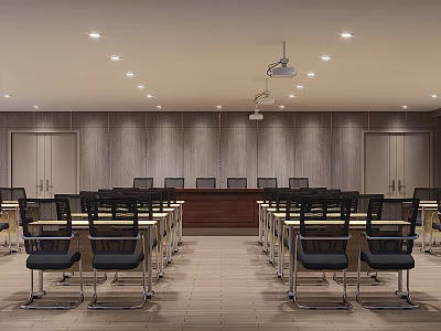Modern Meeting Room Interior Design With Arranged Tables Chairs Projector And Wooden Walls 3d model