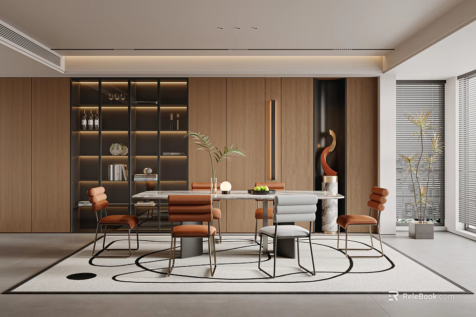 Elegant Modern Restaurant Featuring Wooden Walls Round Table Orange Chairs Green Plants And Wine Cabinet 3d model 