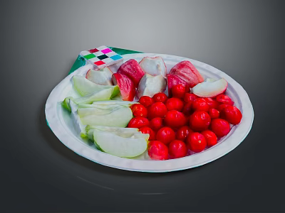 Red Cherry Tomatoes Green Cucumber Slices White Radish on White Plate with Colorful Checkered Napkin 3d model