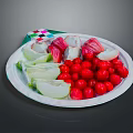 Red Cherry Tomatoes Green Cucumber Slices White Radish on White Plate with Colorful Checkered Napkin