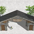 Entrance Gate With Stone Walls Wooden Frame Triangular Roof And Green Trees