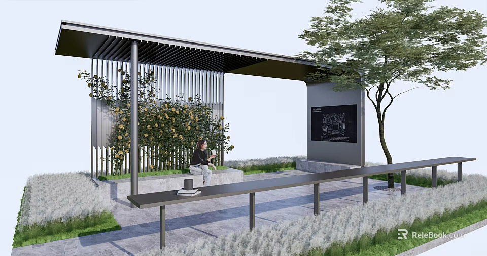 Modern Pergola With Metal Frame Greenery Bench Information Board And Lawn 3d model 