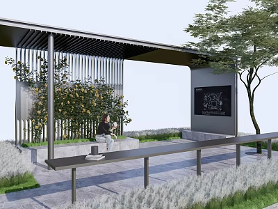Modern Pergola With Metal Frame Greenery Bench Information Board And Lawn 3d model