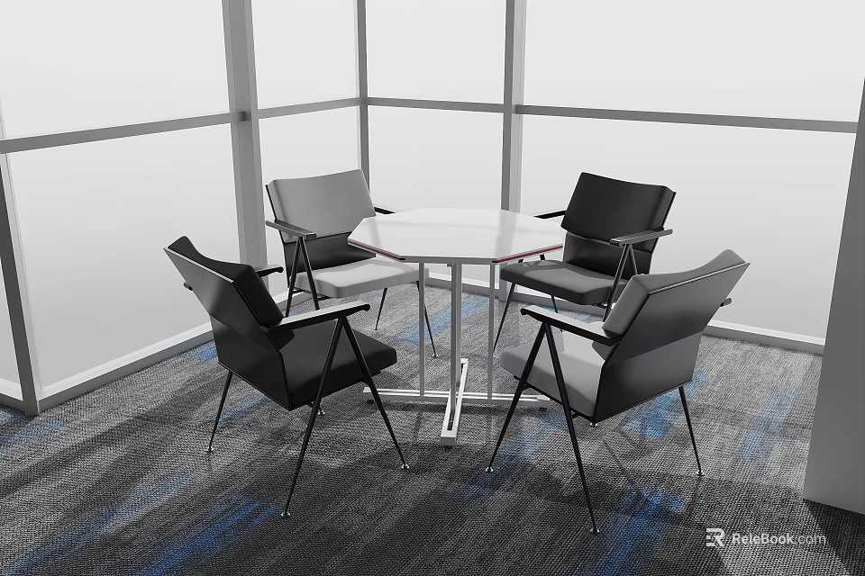 Modern Round White Table And Chair Set With Four Black Gray Chairs In Office Space 3d model 