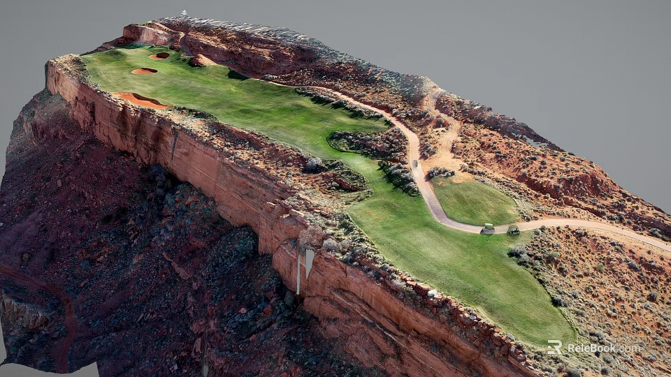 Scenic Cliffside Golf Course With Green Lawn And Winding Path Surrounded By Red Rocky Terrain 3d model 