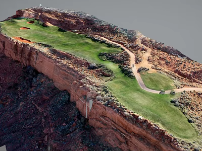 Scenic Cliffside Golf Course With Green Lawn And Winding Path Surrounded By Red Rocky Terrain 3d model