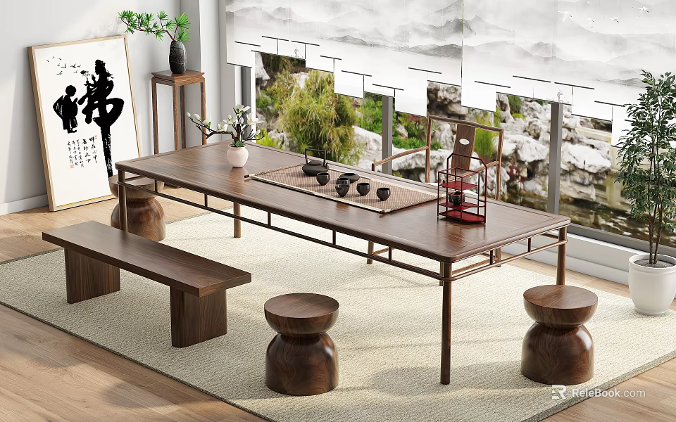 Chinese Style Wooden Tea Table and Chairs with Tea Sets Calligraphy and Green Plants 3d model 