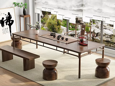Chinese Style Wooden Tea Table and Chairs with Tea Sets Calligraphy and Green Plants 3d model