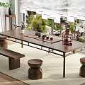 Chinese Style Wooden Tea Table and Chairs with Tea Sets Calligraphy and Green Plants