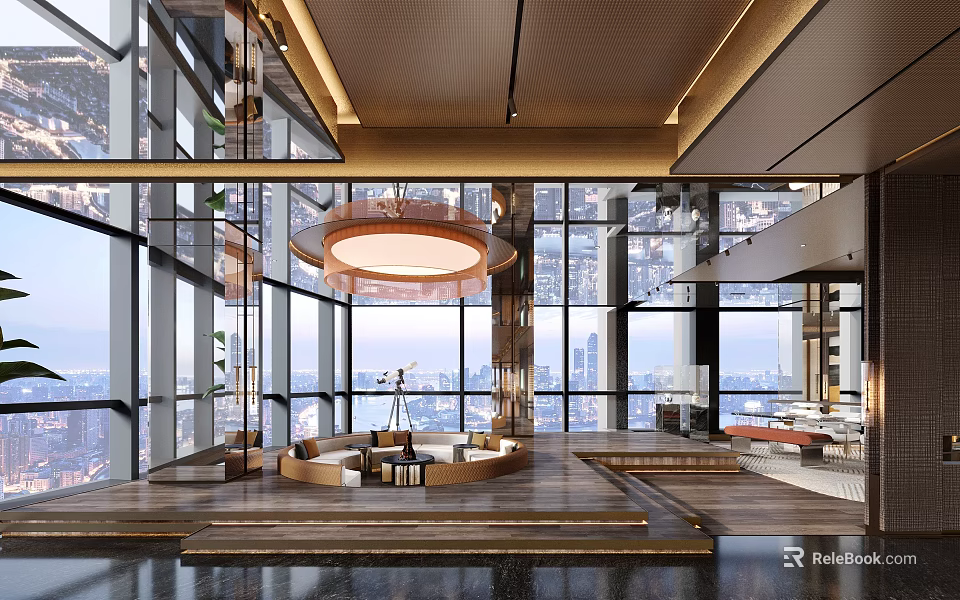 Modern Lounge Area With Large Windows City View Wooden Flooring And Circular Pendant Light 3d model 