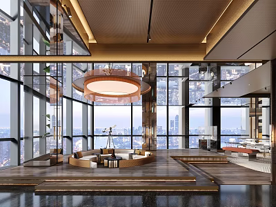 Modern Lounge Area With Large Windows City View Wooden Flooring And Circular Pendant Light 3d model
