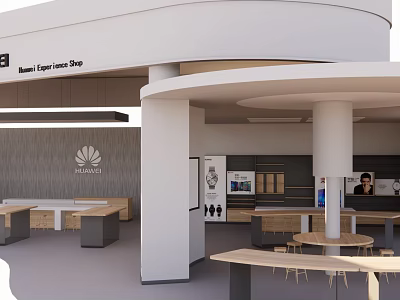Modern Clothing Store Interior With Open Display Counters And Wooden Tables 3d model