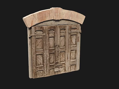 Rustic Wooden Entrance Gate With Carved Panels And Arched Top Design 3d model