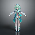3D Anime Fantasy Character Model With Green Hair Teal Cloak And Decorative Outfit