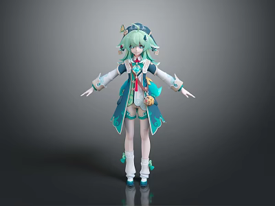 3D Anime Fantasy Character Model With Green Hair Teal Cloak And Decorative Outfit 3d model