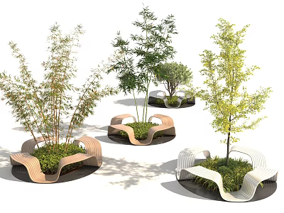 Multiple Modern Tree Planters With Wooden And White Structures Holding Bamboo And Green Trees 3d model