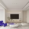 Modern Living Dining Room Interior With White Sofa Round Coffee Table And Purple Accent Chair