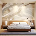 Modern Bedroom With Abstract Light Wave Texture Wall Beige Headboard White Vase Branches Photo Frames