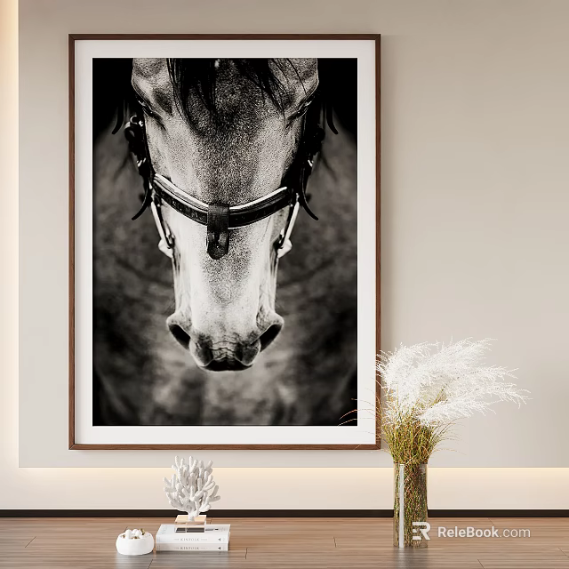 Black and White Horse Head Painting as Animal Wall Art with Vase and Dried Flowers 3d model 