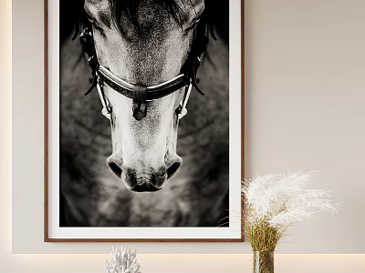 Black and White Horse Head Painting as Animal Wall Art with Vase and Dried Flowers 3d model