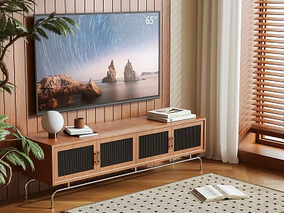 Modern Wooden TV Stand With Flat Screen TV Books Plant And Window Blinds 3d model