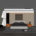 Modern Bedroom Interior Design With Wooden Striped Grid Headboard Orange Nightstands Chair Plant And Rug
