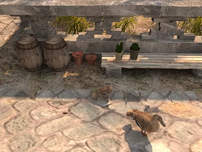 Reptile Lizard Crawling On Patterned Stone Pavement By Wooden Barrels And Potted Plants 3d model