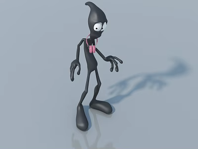 Black 3D Cartoon Character With Big Eyes Pink Tie And Shadow On Gray Background 3d model
