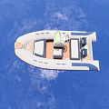 White and Blue Yacht with Open Design Seating Area and Steering Console on Blue Sea