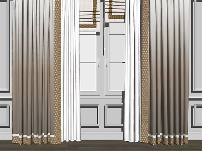 Elegant Gradient Curtains With Golden Trim For Window And Double Doors Interior 3d model