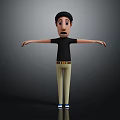 3D Animated Character In Black Shirt And Khaki Pants With Arms Outstretched On Gray Background