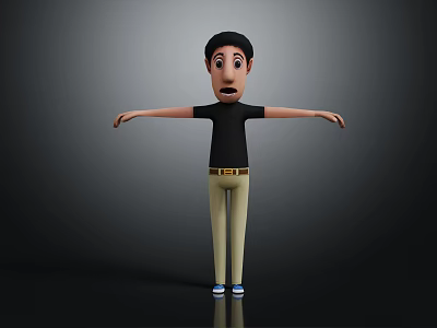 3D Animated Character In Black Shirt And Khaki Pants With Arms Outstretched On Gray Background 3d model