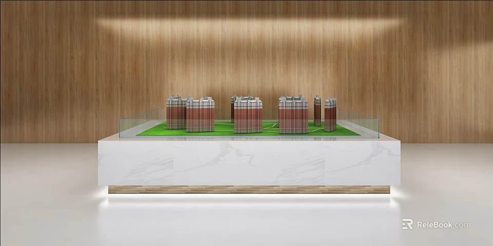 Commercial Display Equipment With Marble Top And Wooden Background Featuring Building Models On Green Lawn 3d model 