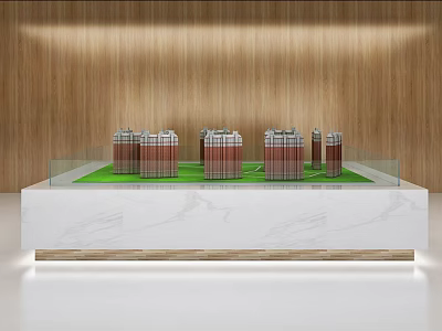 Commercial Display Equipment With Marble Top And Wooden Background Featuring Building Models On Green Lawn 3d model