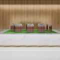 Commercial Display Equipment With Marble Top And Wooden Background Featuring Building Models On Green Lawn