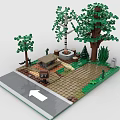 Building Blocks Constructed Scene With Trees Small Cabin Road Arrow Grass And Bushes