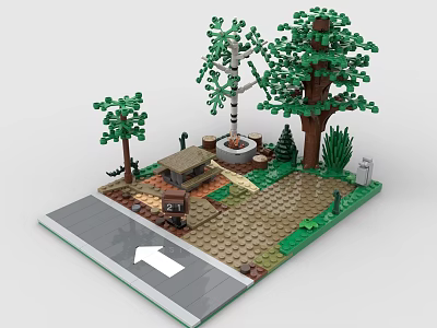 Building Blocks Constructed Scene With Trees Small Cabin Road Arrow Grass And Bushes 3d model