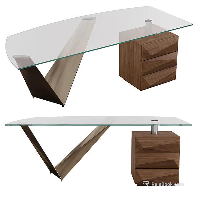 Modern Glass Top Desk With Wooden Drawers And Geometric Metal Legs 3d model 