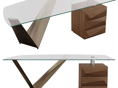 Modern Glass Top Desk With Wooden Drawers And Geometric Metal Legs 3d model