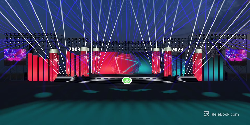 Stage Design with 2003 2023 Numbers Red Blue Background Geometric Shapes and Green Logo Lighting 3d model 