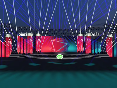 Stage Design with 2003 2023 Numbers Red Blue Background Geometric Shapes and Green Logo Lighting 3d model