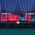 Stage Design with 2003 2023 Numbers Red Blue Background Geometric Shapes and Green Logo Lighting